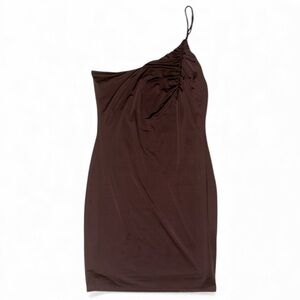 Mono B One-Shoulder Ruched Bodycon Dress • Brown Size L • NWT